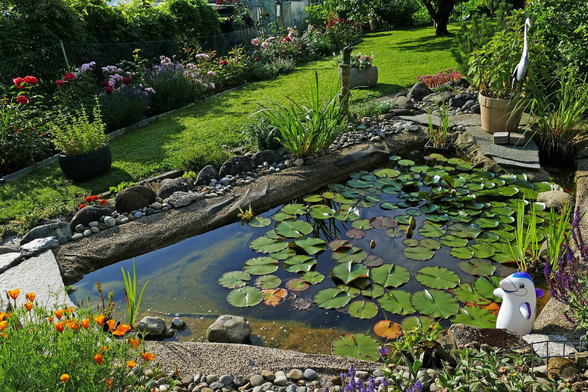 A pond in a garden with plants and ornaments
